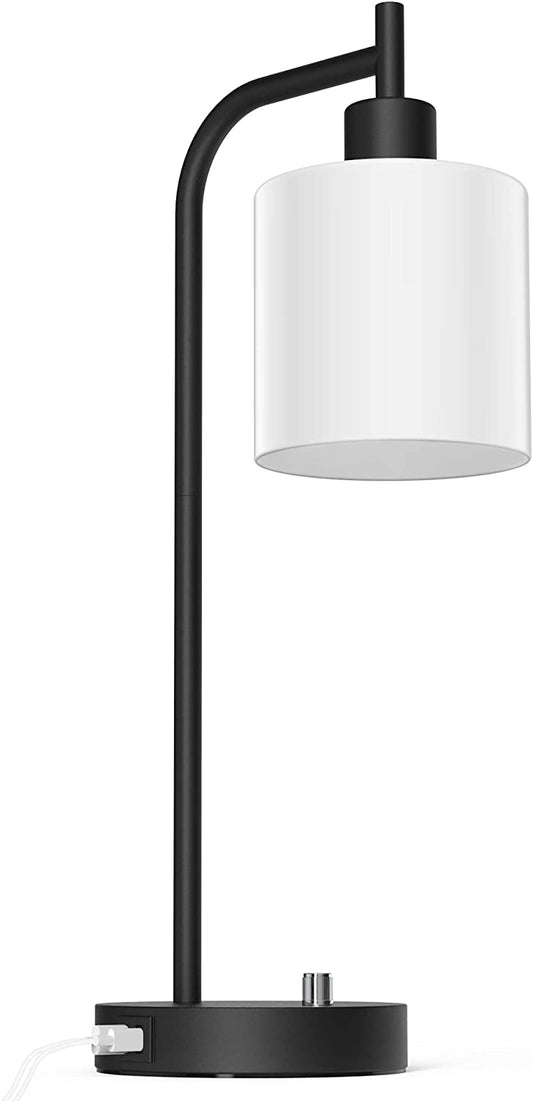 Table Lamp, Industrial Table Lamp with White Jade Glass Shade, LED Bulb Included, with Dimmable Function, Type C USB Port ,Nightstand Reading Lamps for Bedside, Study Room, Office (Matt Black)