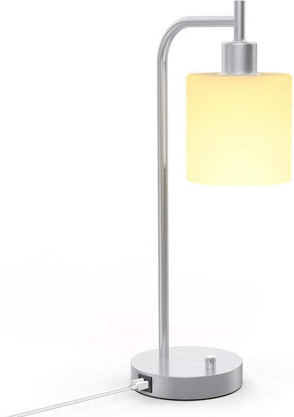 Table Lamp, Industrial Table Lamp with White Jade Glass Shade, LED Bulb Included, with Dimmable Function, Type C USB Port ,Nightstand Reading Lamps for Bedside, Study Room, Office
