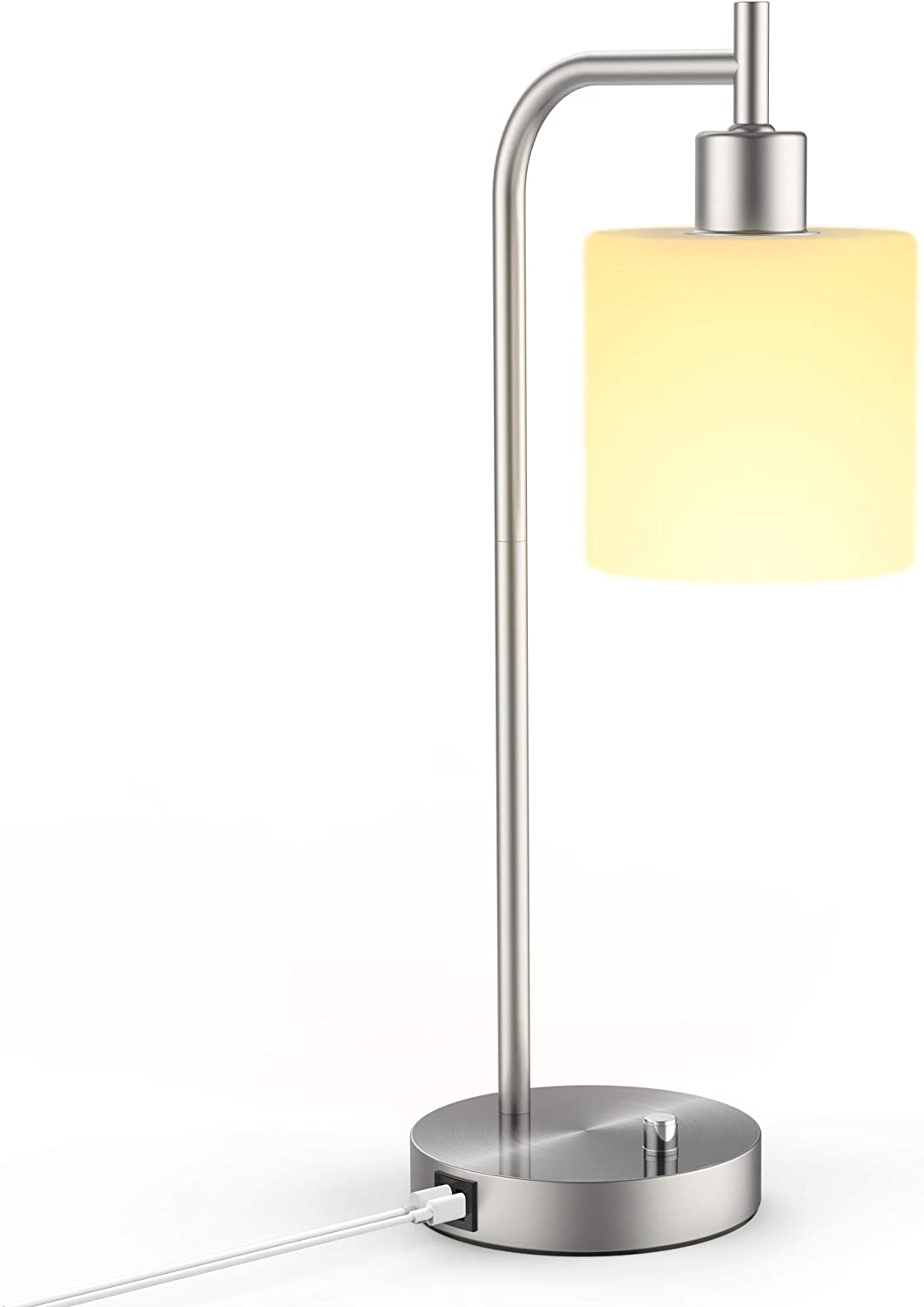 Table Lamp, Industrial Table Lamp with White Jade Glass Shade, LED Bulb Included, with Dimmable Function, Type C USB Port ,Nightstand Reading Lamps for Bedside, Study Room, Office (Silver Grey)