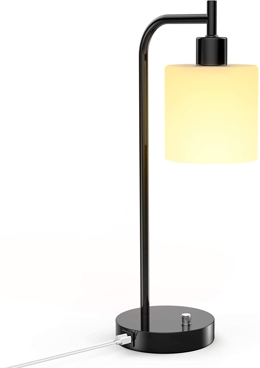 Table Lamp, Industrial Table Lamp with White Jade Glass Shade, LED Bulb Included, with Dimmable Function, Type C USB Port ,Nightstand Reading Lamps for Bedside, Study Room, Office (Matt Black)